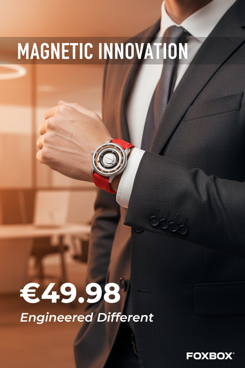 Man wearing a red watch with 'Magnetic Innovation' text and price on a blurred office background