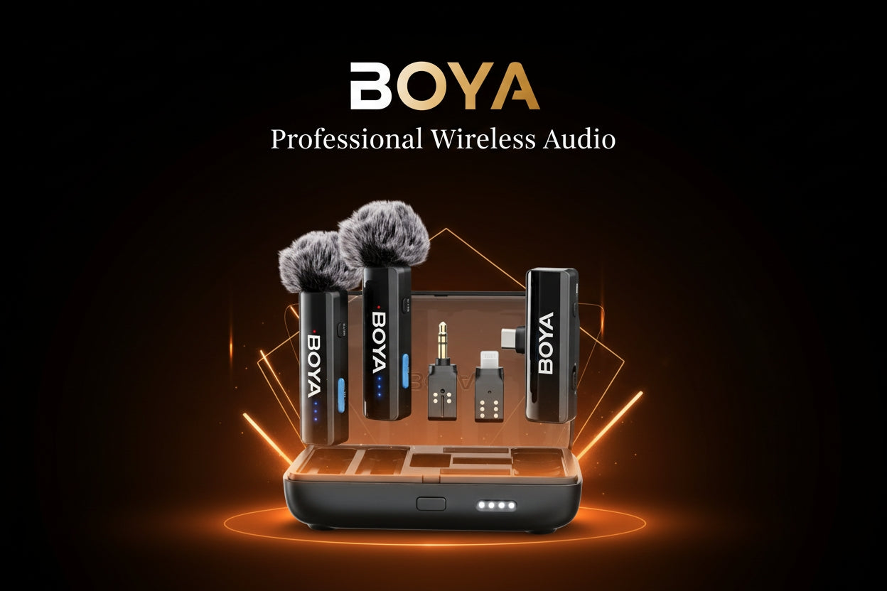 BOYA professional wireless audio equipment on a dark background with 'BOYA' branding.