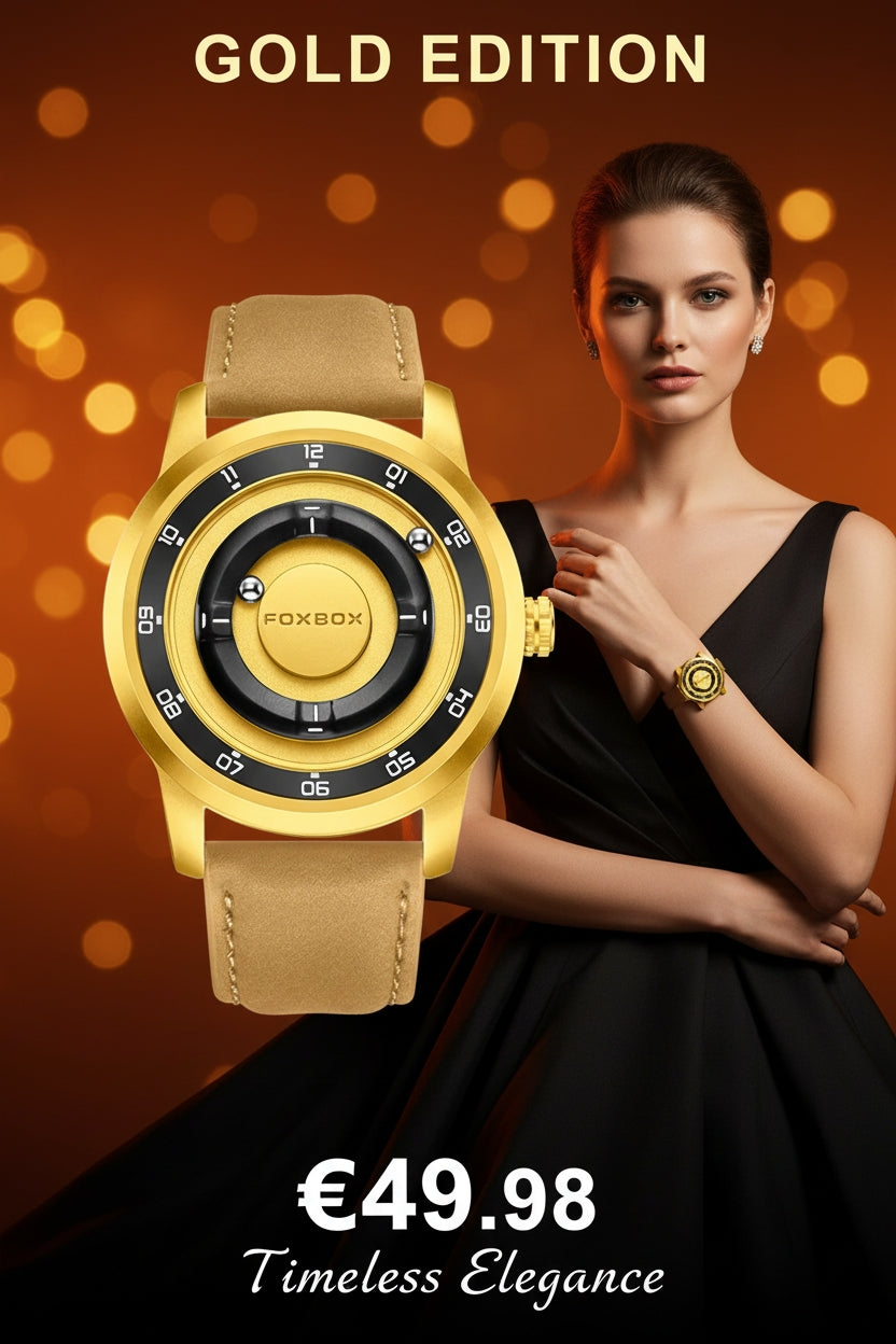 Gold edition watch with a woman wearing it, set against a warm, blurred background.