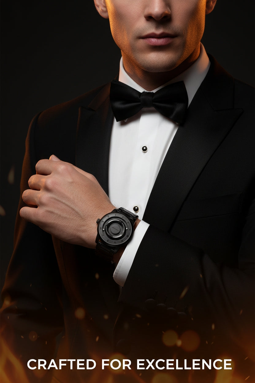 Man in a tuxedo with a watch, against a dark background with 'Crafted for Excellence' text.