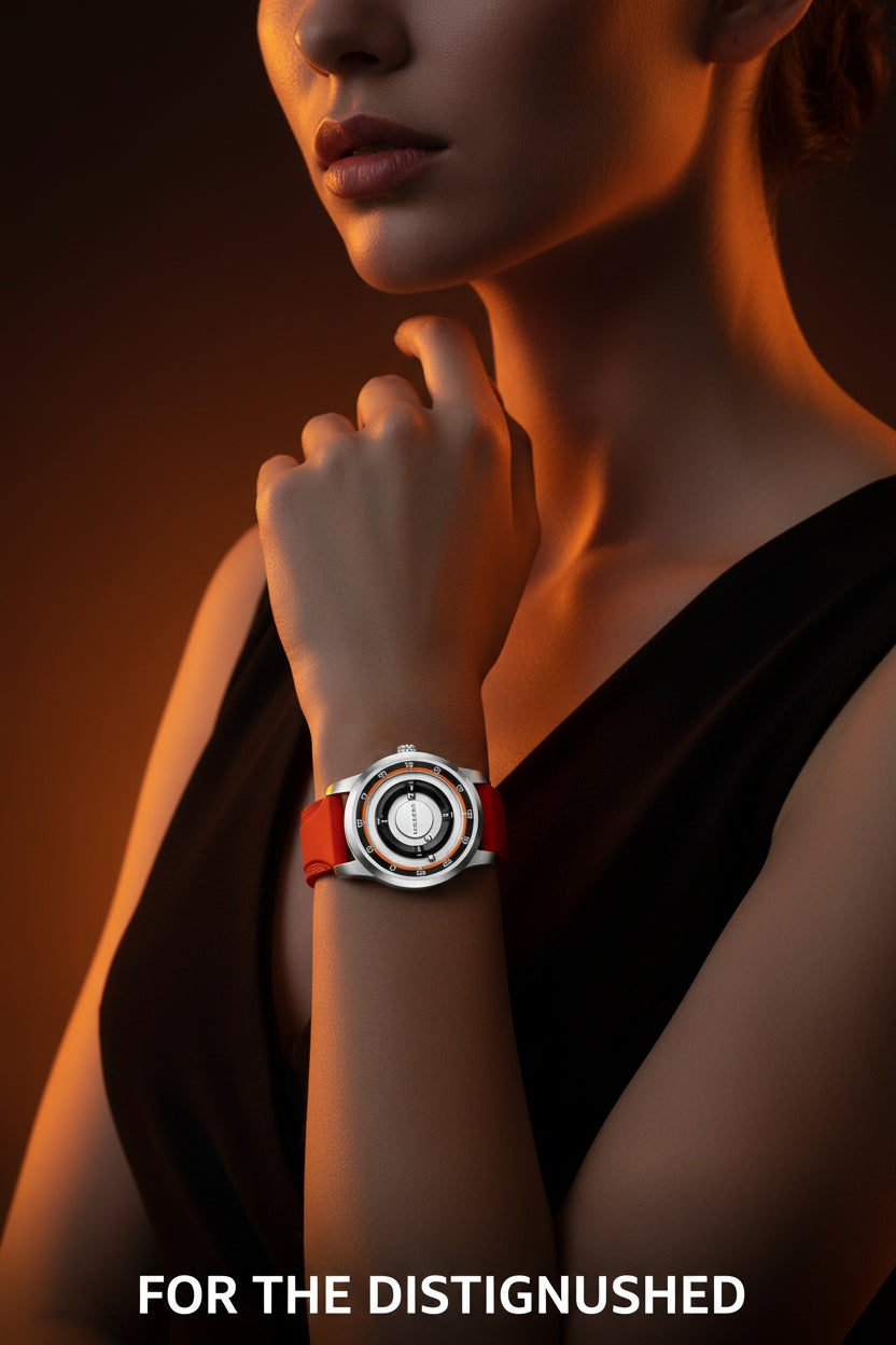 Woman wearing a watch with a dark background and text 'FOR THE DISTINGUISHED'.