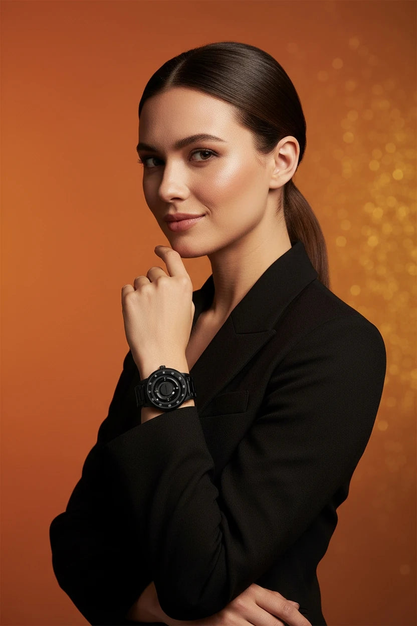 A woman with dark hair tied back wears a black watch with a black dial and bezel, paired with a black blazer, set against a warm orange background with subtle golden bokeh.