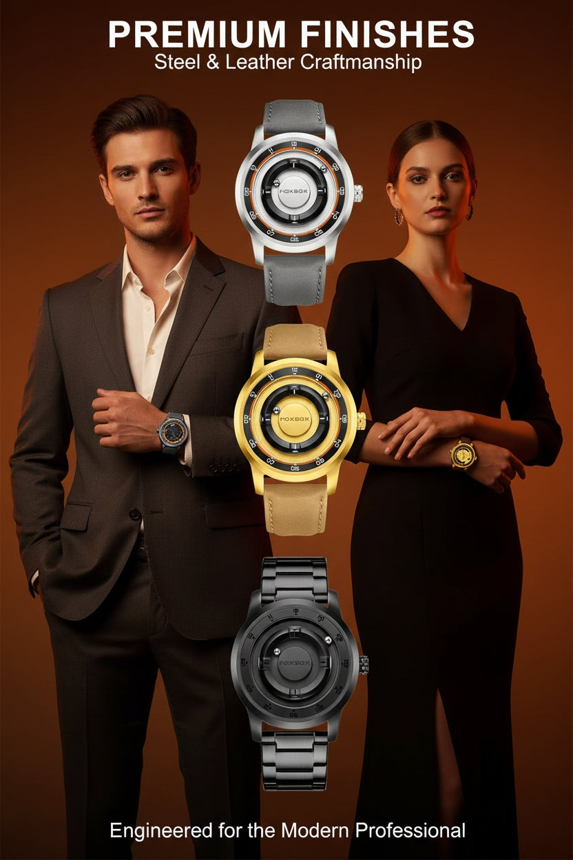 Two people holding watches with text about premium finishes and craftsmanship.