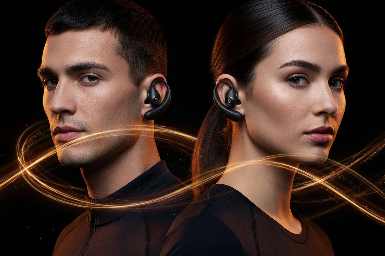Two people wearing wireless earbuds with a dark background