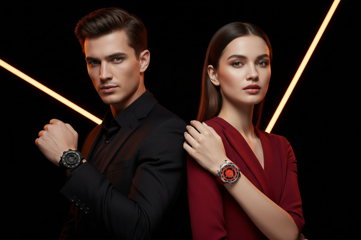 Man and woman wearing watches against a dark background with neon lights.
