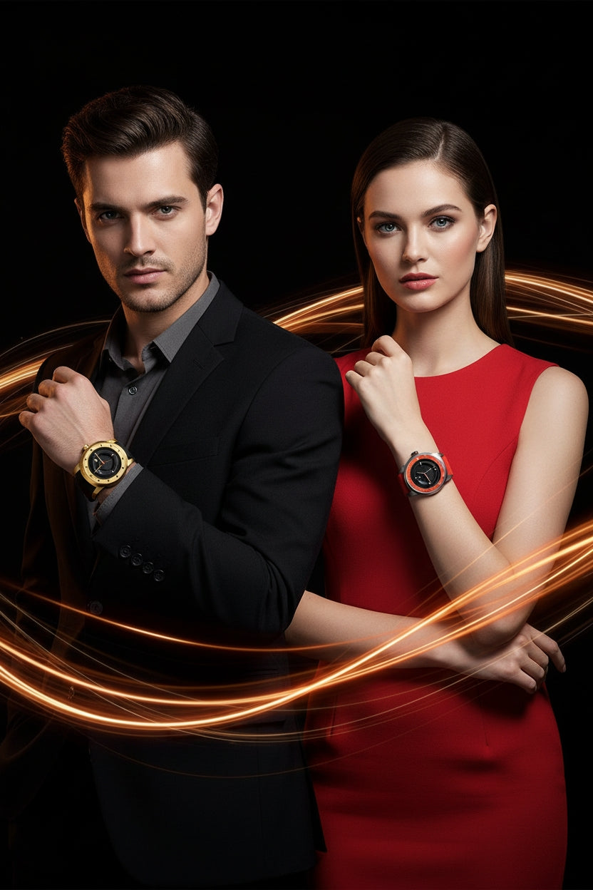 Man and woman wearing watches with a dark background