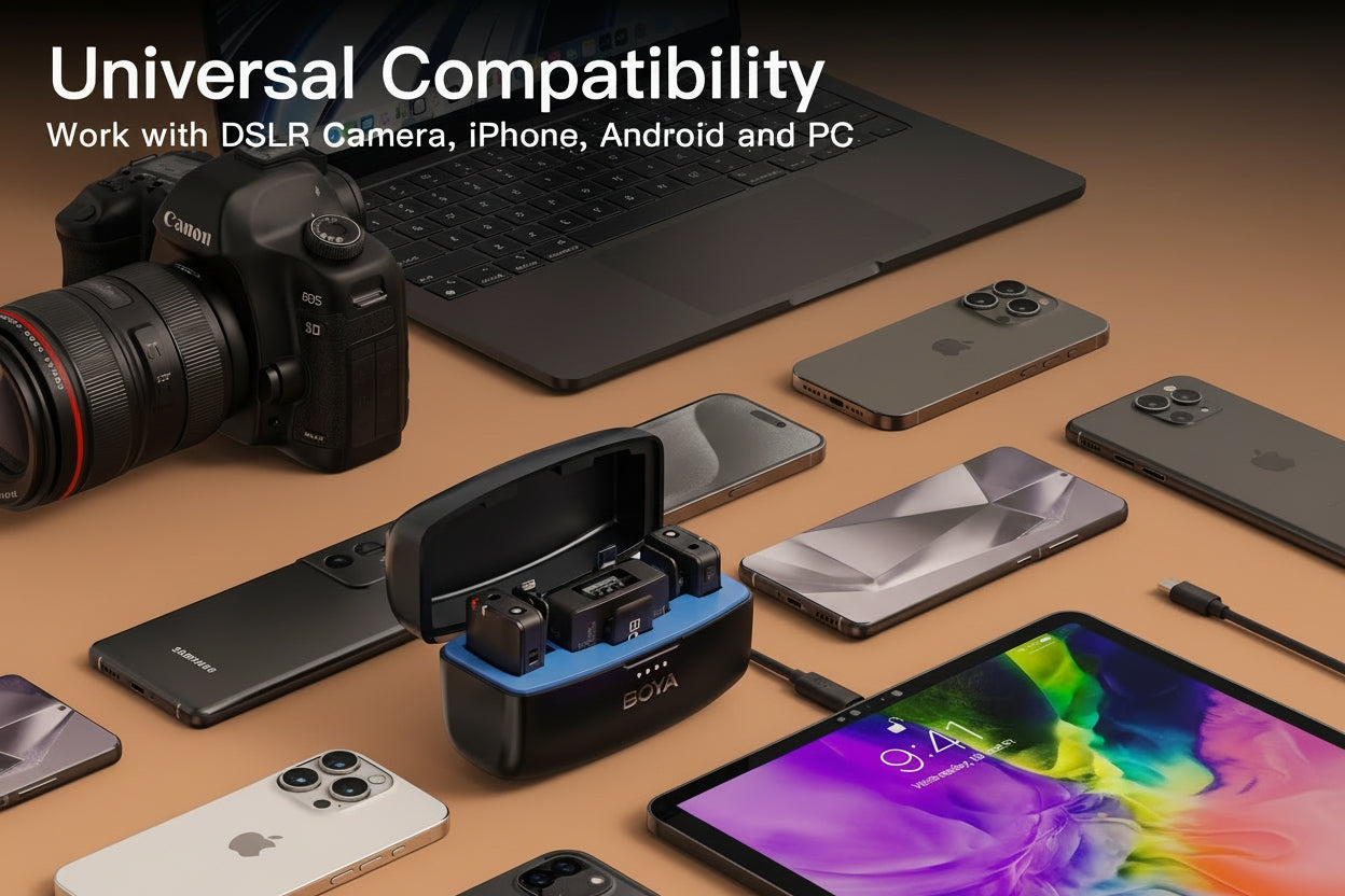 Collection of electronic devices including a camera, laptop, and smartphones on a brown surface with 'Universal Compatibility' text.