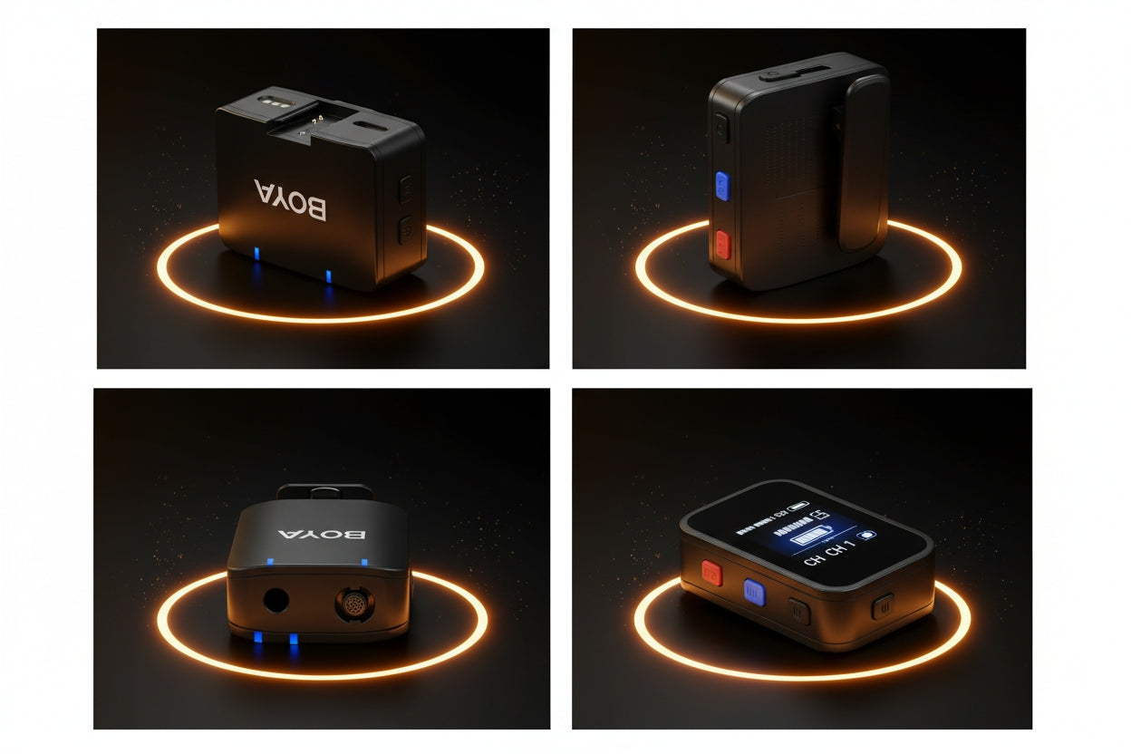 Four views of a BOYA BY-MM1 microphone on a dark background with glowing circular lights.
