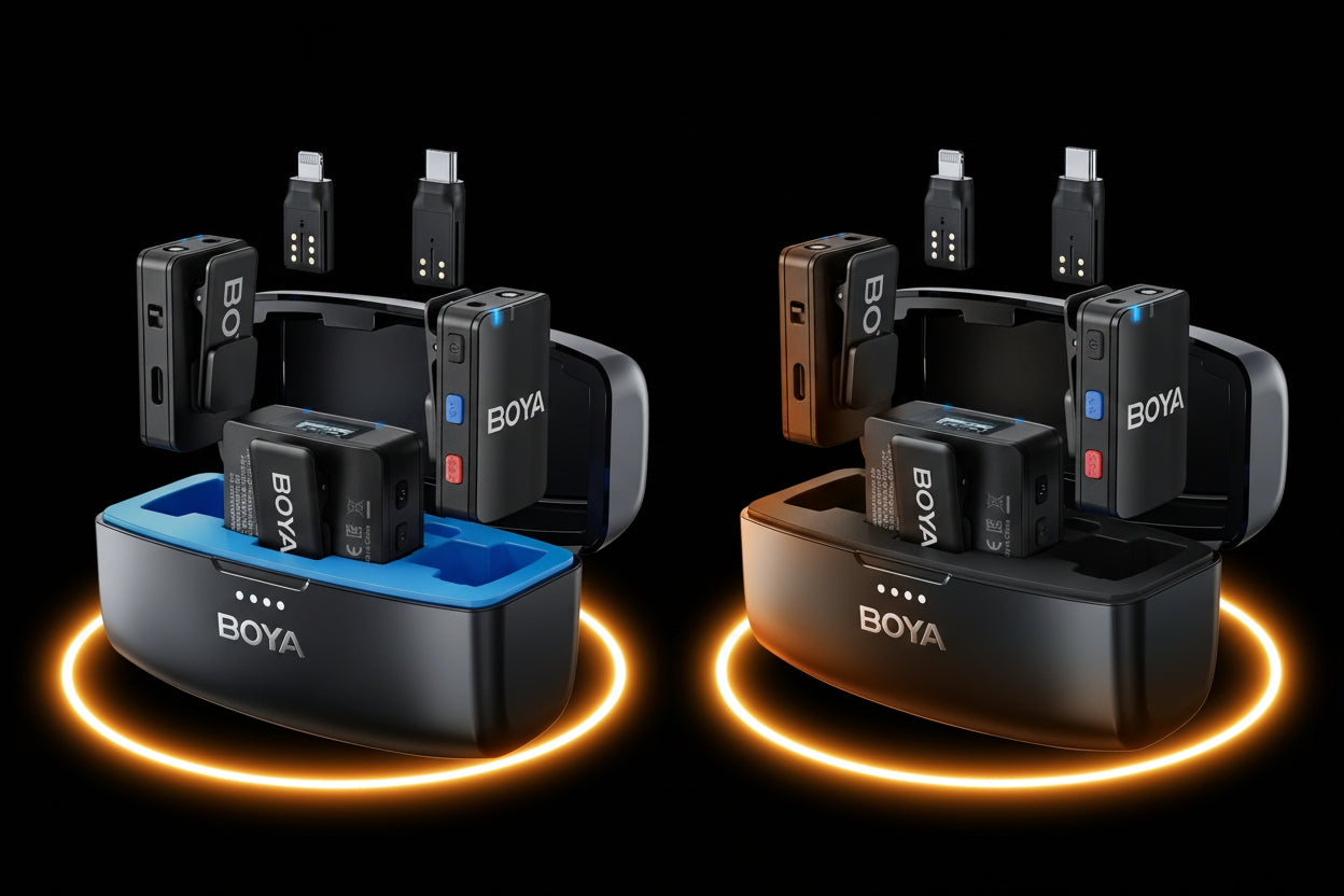 Two charging stations with multiple battery packs on a black background, featuring the BOYA brand.
