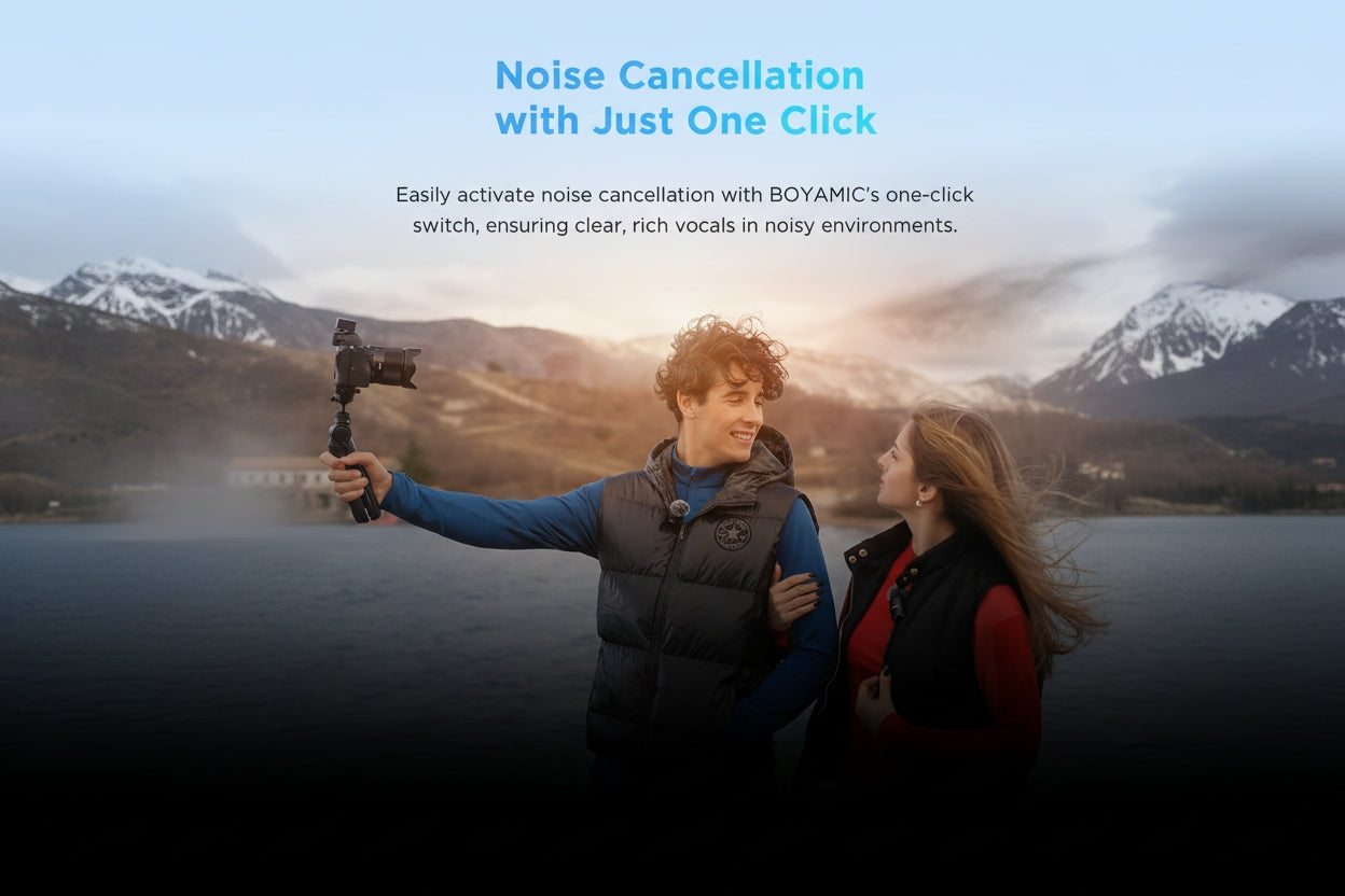 Two people by a lake with mountains in the background, featuring text about noise cancellation technology.