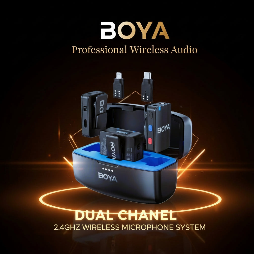 BOYA dual-channel 2.4GHz wireless microphone system on a dark background