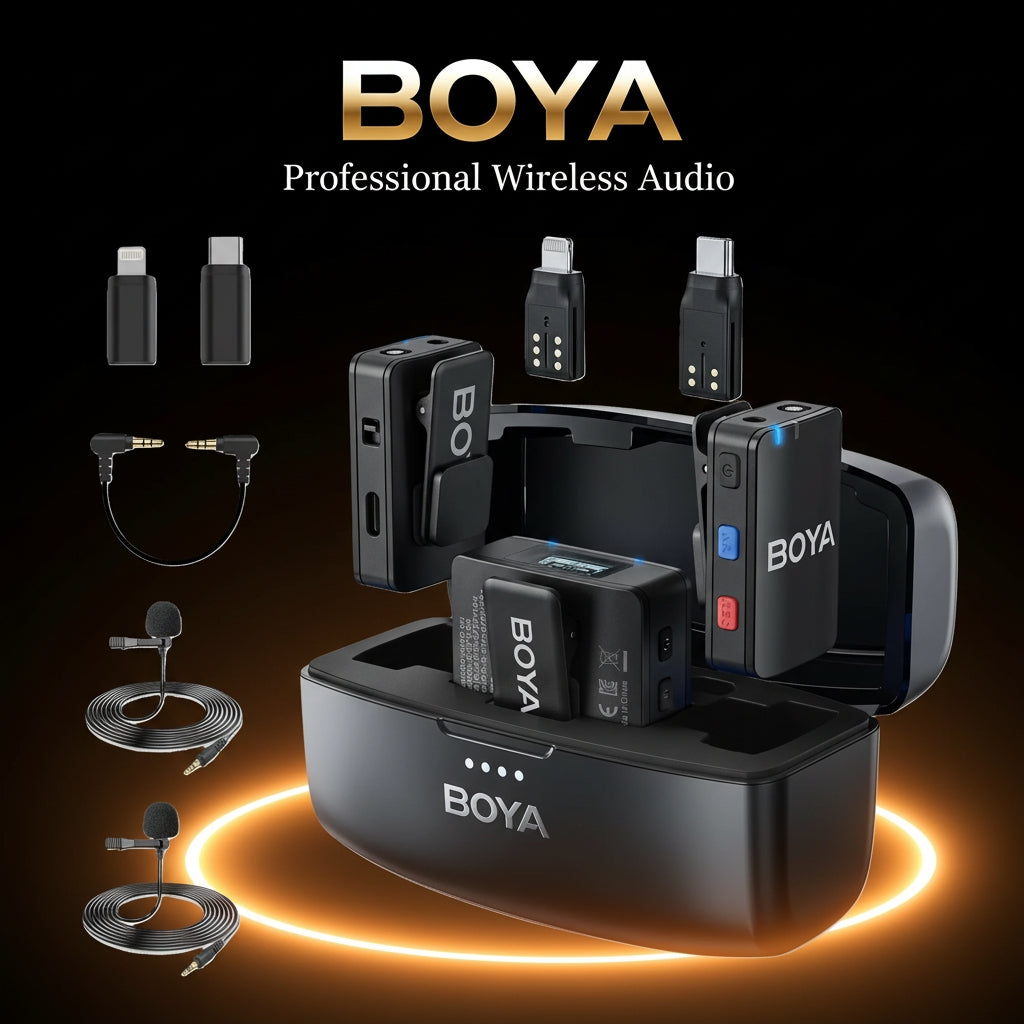 BOYA professional wireless audio equipment set on a dark background with 'BOYA' branding.