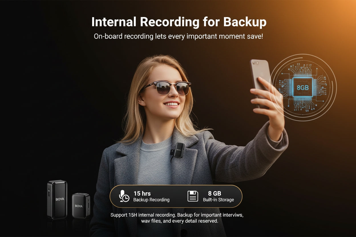 BOYA BOYAMIC internal recording backup feature with 8GB storage and 15 hours recording capacity