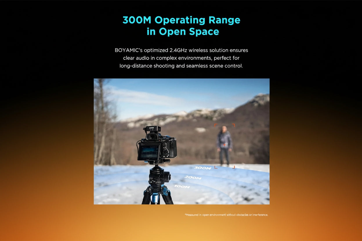 Camera on a tripod with a person in the background, set against a snowy landscape with mountains.