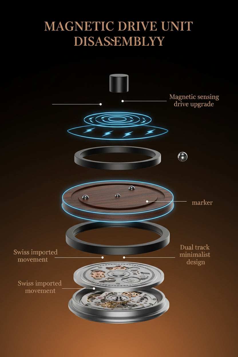 Diagram of a magnetic drive unit disassembly with labeled components on a dark background.