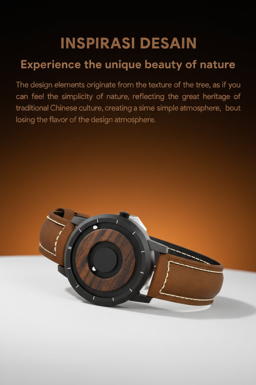 Brown leather belt with wooden buckle on a white surface, against an orange background with text about nature and design.