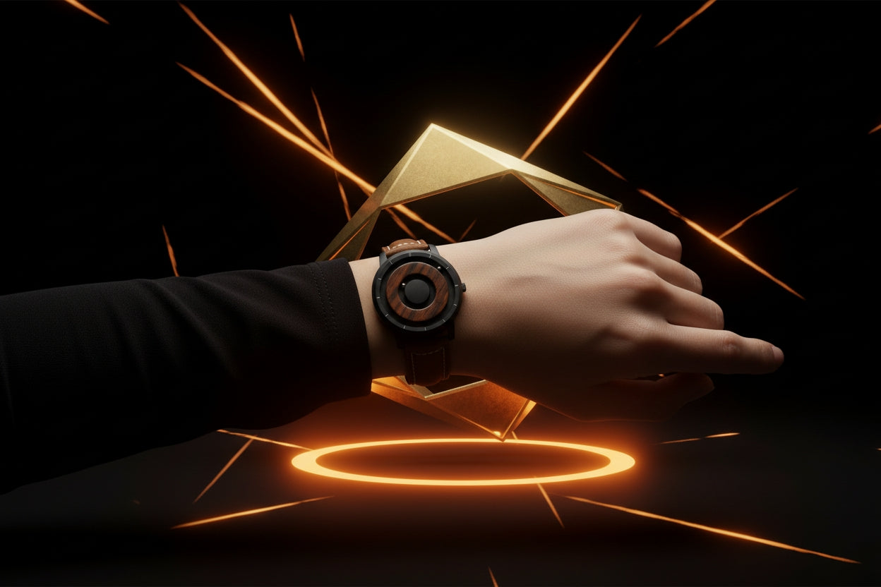 Hand wearing a smartwatch with a glowing circular effect on a dark background
