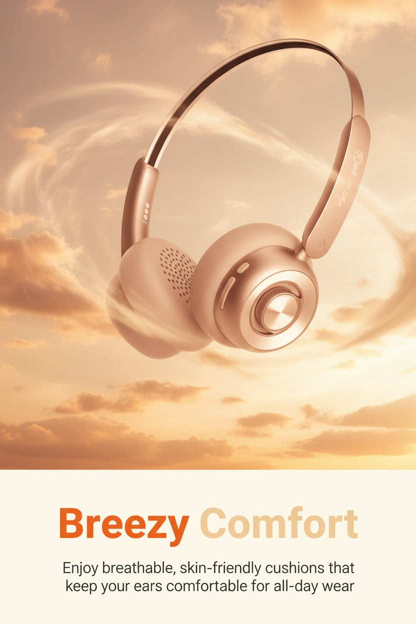 Rose gold headphones with 'Breezy Comfort' text against a sunset sky background