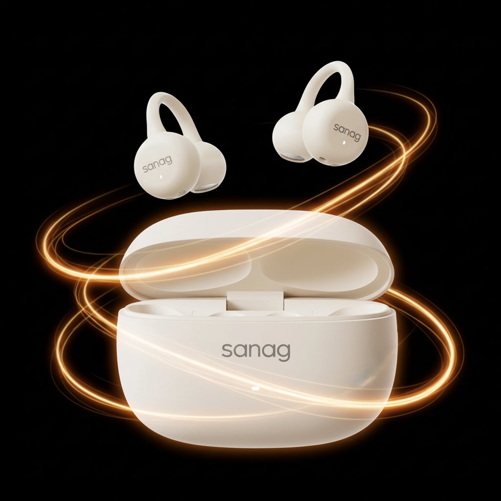 White wireless earbuds with charging case on a black background, featuring the brand 'sanag'.
