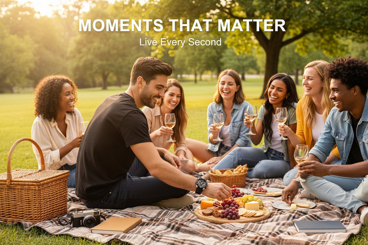 Group of people enjoying a picnic in a park with the text 'Moments That Matter Live Every Second'.