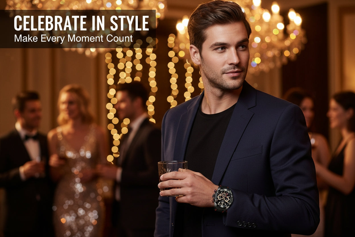 Man in a suit holding a glass in a glamorous setting with text 'Celebrate in Style, Make Every Moment Count'.