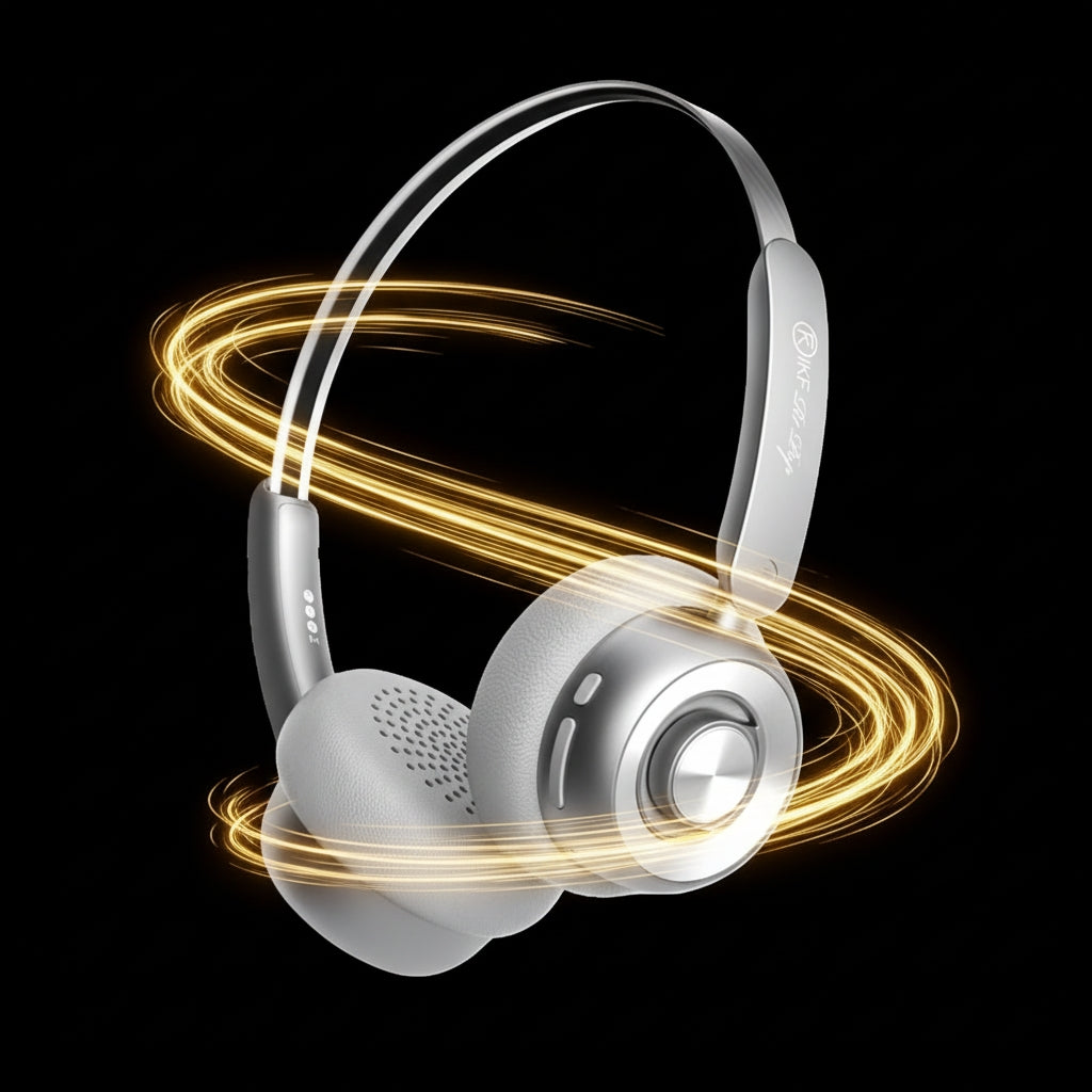 Silver headphones with glowing gold accents on a black background