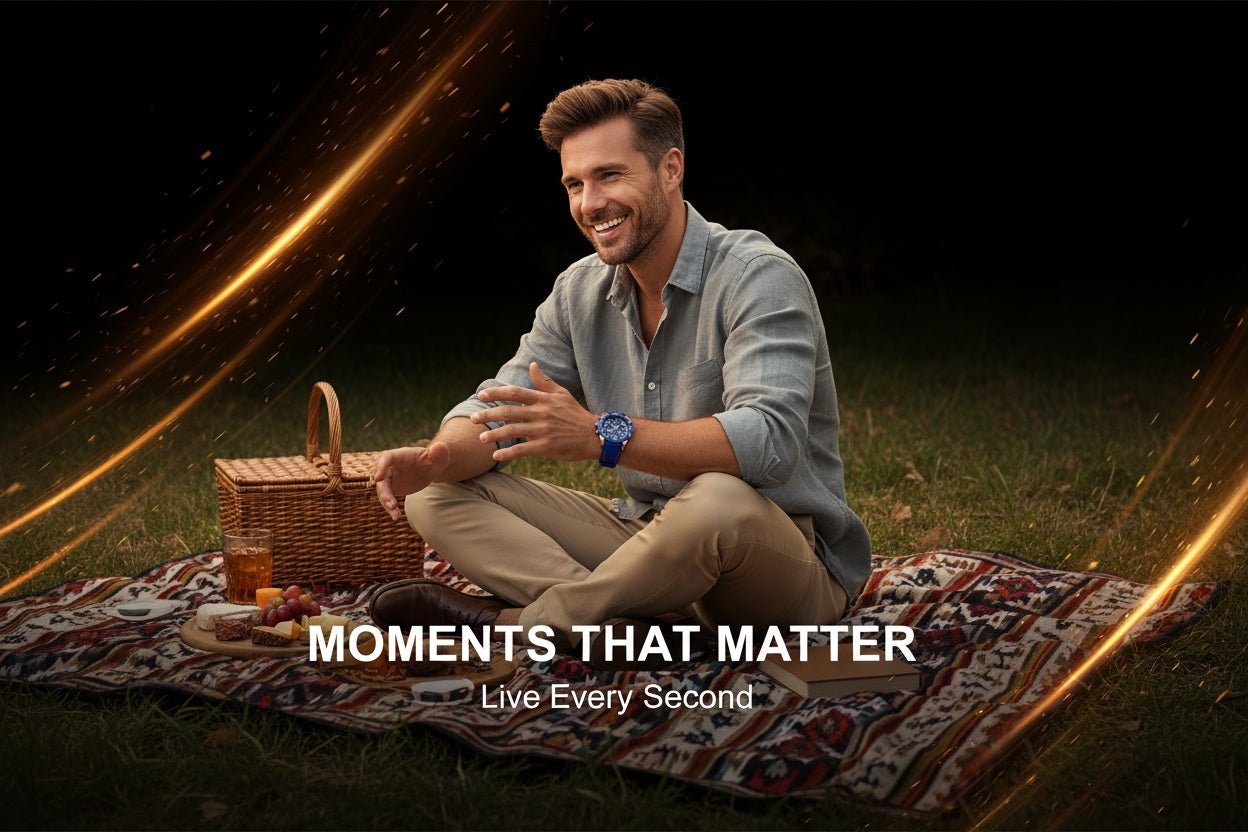 Man sitting on a blanket with a picnic basket, holding a bottle, against a dark background with 'Moments That Matter' text.