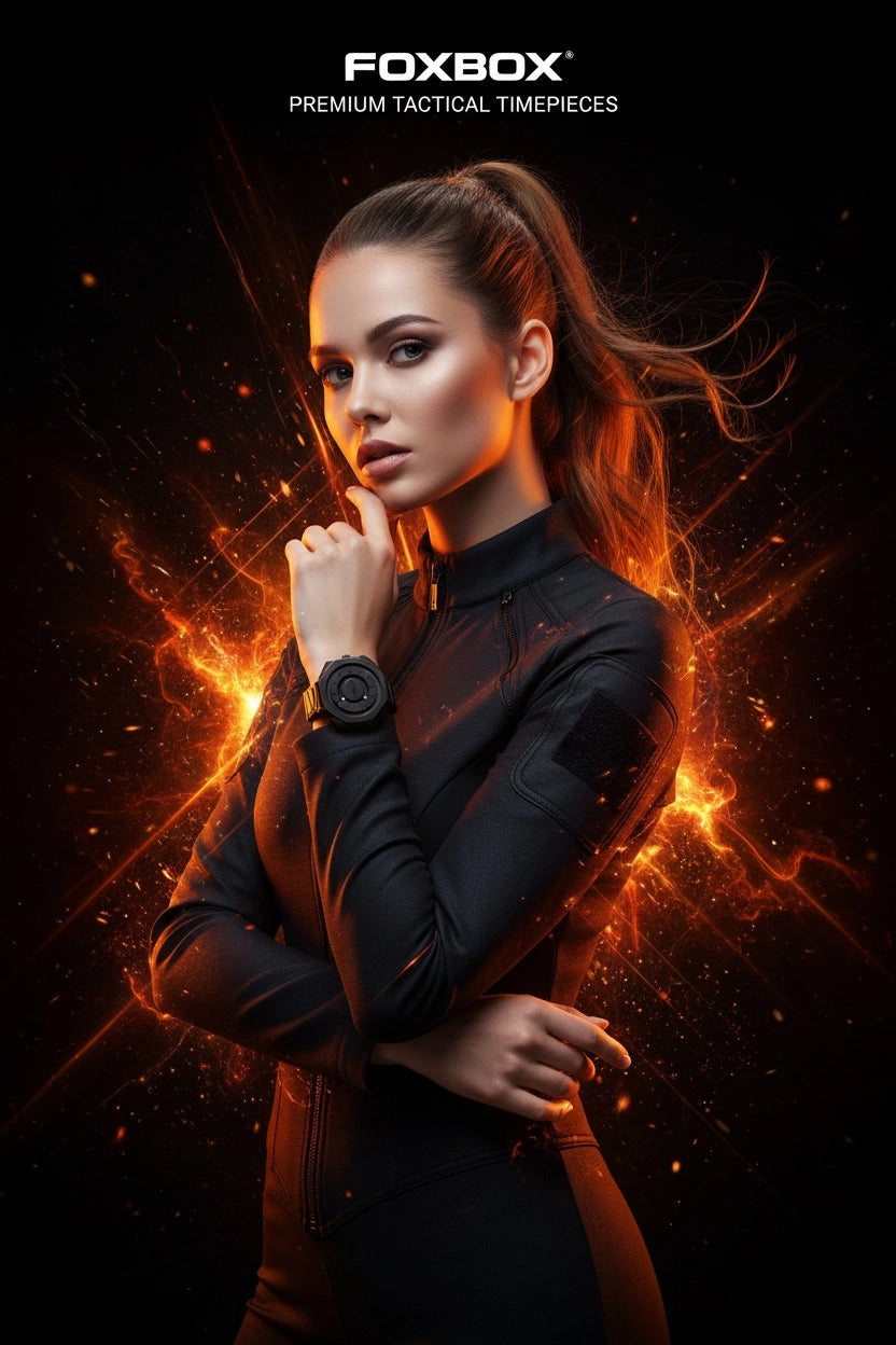 A woman in a black tactical outfit wearing a Foxbox watch, posed against a dramatic black background with fiery orange light effects. The Foxbox brand logo is visible at the top.