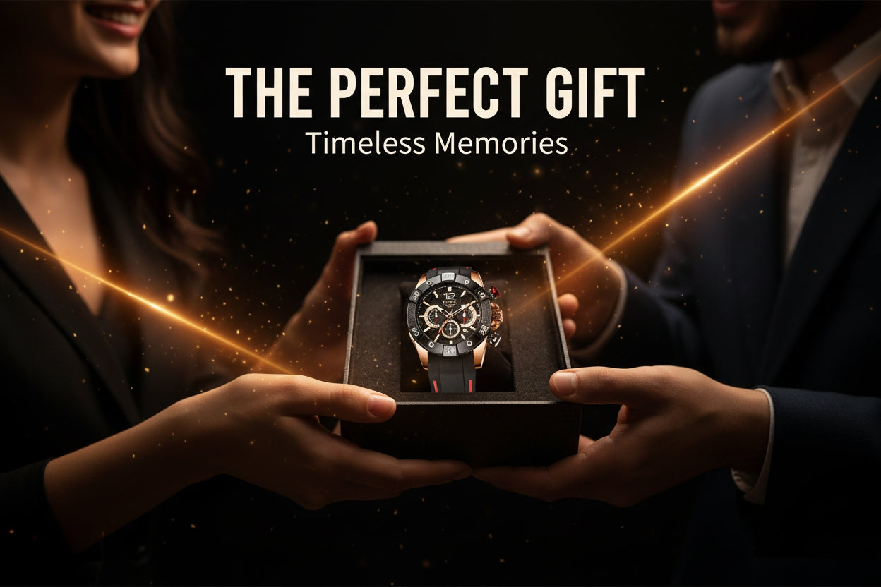 Two people holding a watch in a box with the text 'The Perfect Gift: Timeless Memories' on a dark background.