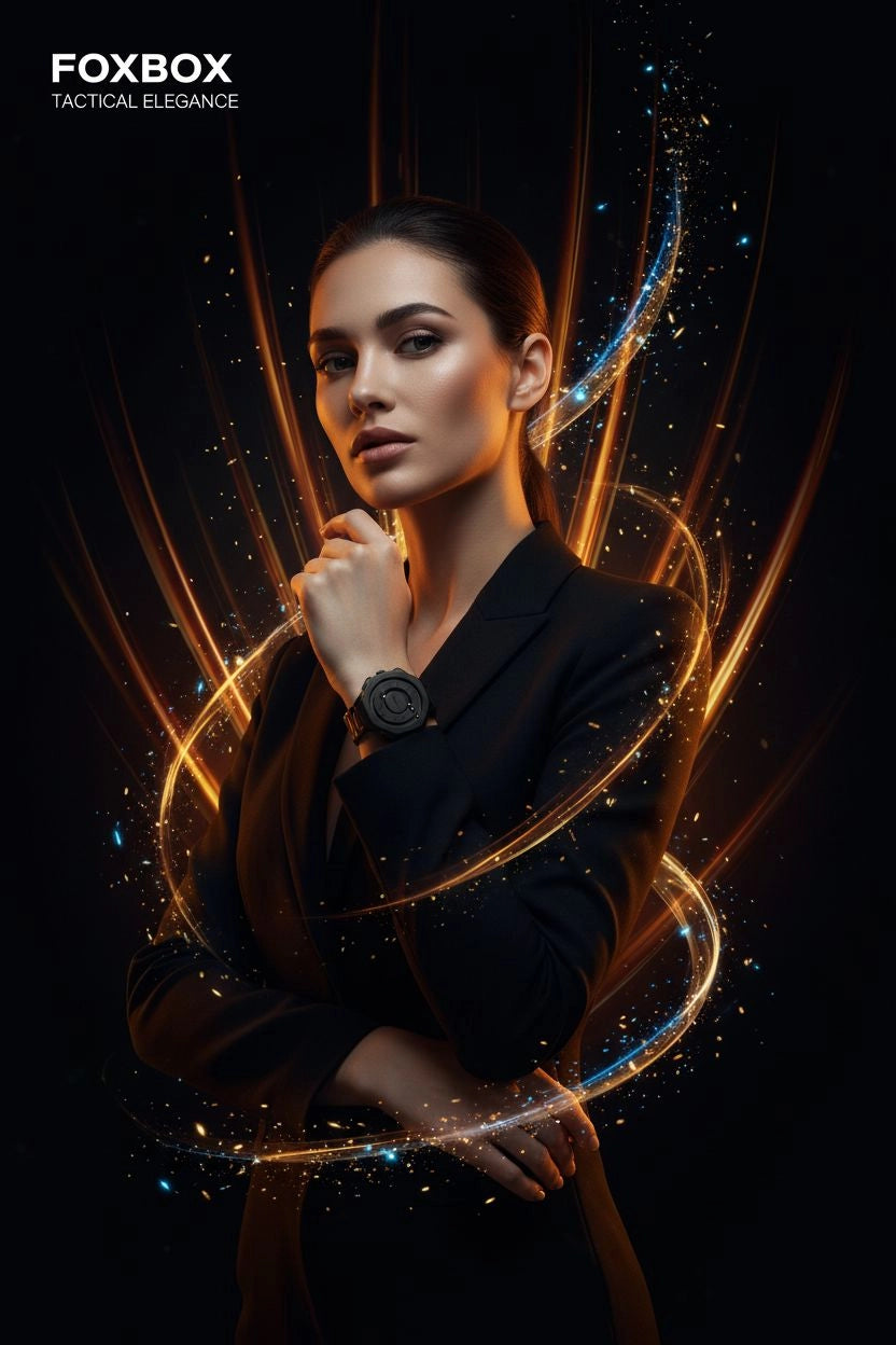 A woman in a black blazer poses against a dark background with glowing gold and blue light trails. The FOXBOX brand logo is visible in the top left corner, and a dark round watch is worn on her wrist.