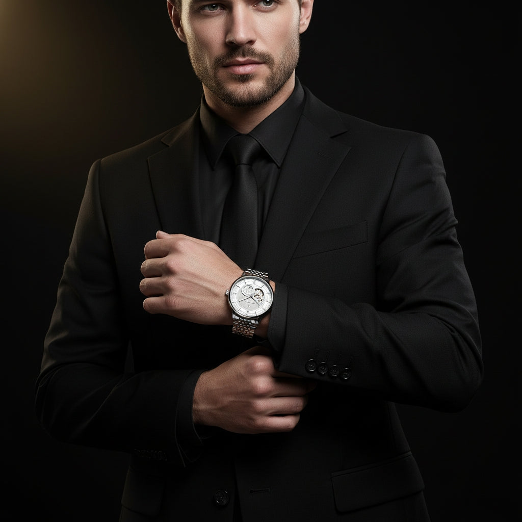 Man in a black suit wearing a watch on a dark background