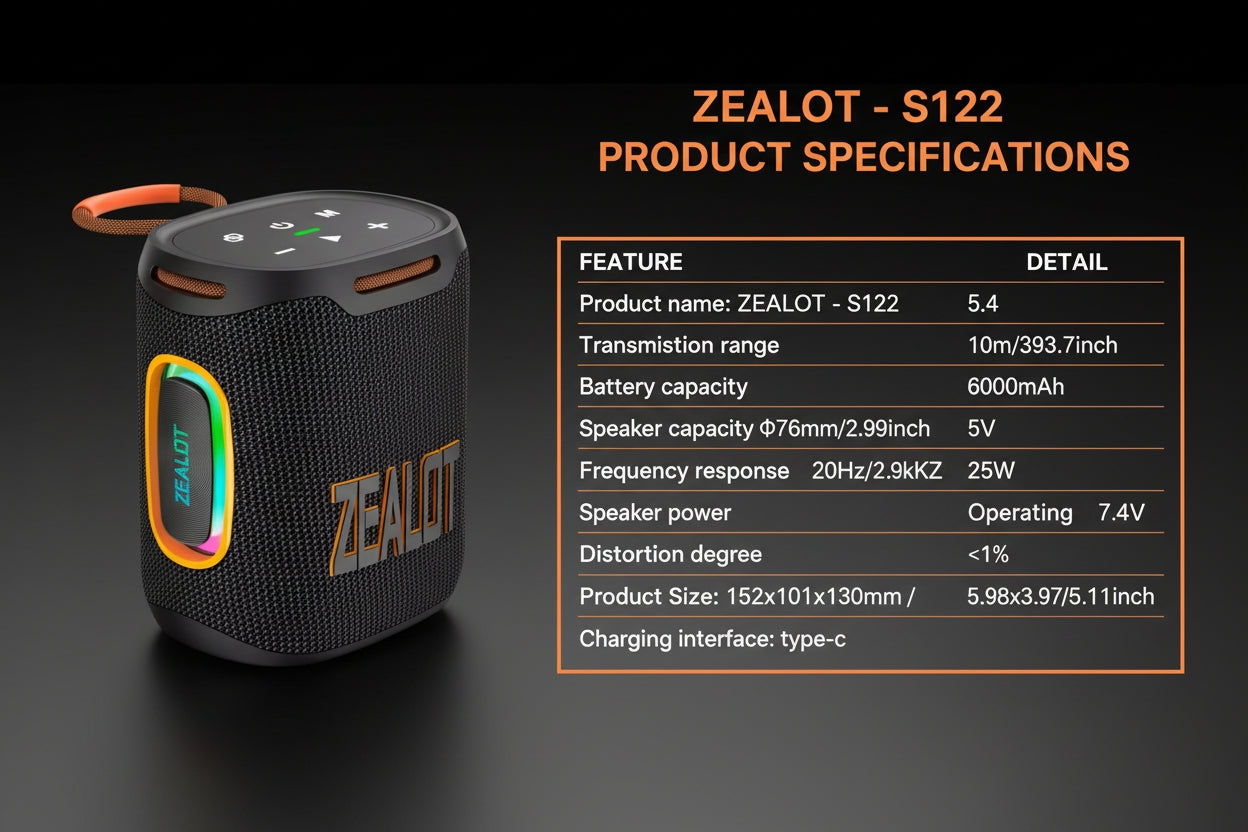 ZEALOT S122 Wireless Bluetooth Speaker - 25W Premium Portable Audio with LED Ring & 6000mAh Battery