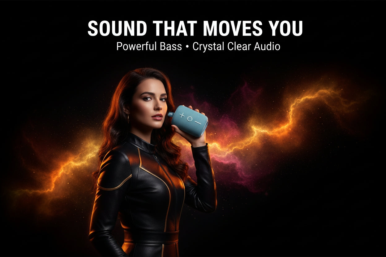 Woman holding a blue speaker with fiery background and text about audio quality.