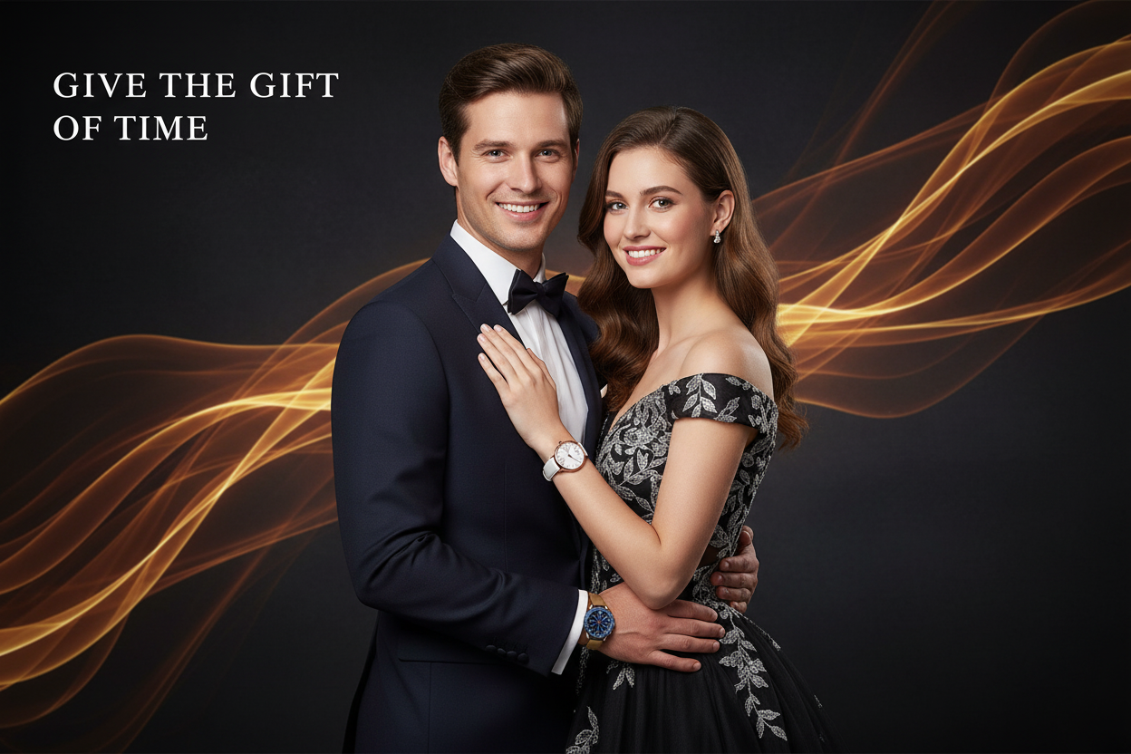 Man and woman in formal attire with glowing lines and 'Give the Gift of Time' text on a dark background