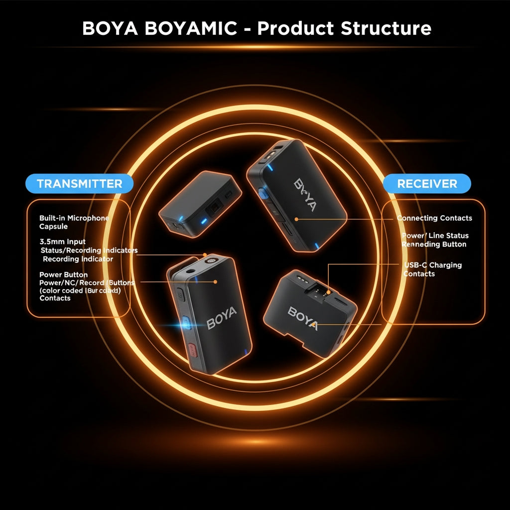 Diagram of BOYA Boyamic product structure with transmitter and receiver components.