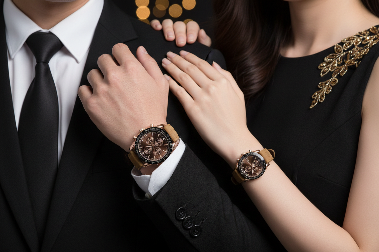 Two people wearing matching watches with a blurred background