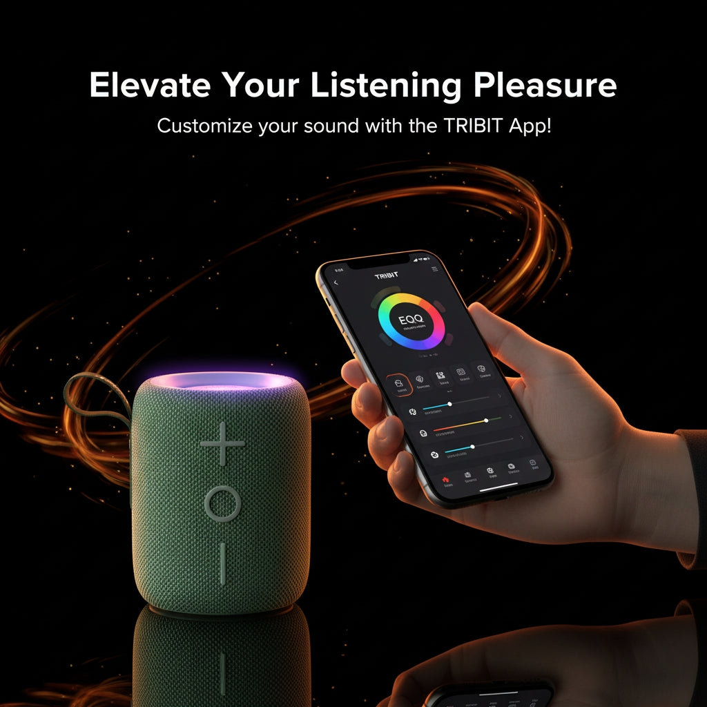 Green speaker and smartphone with TRIBIT app on a black background