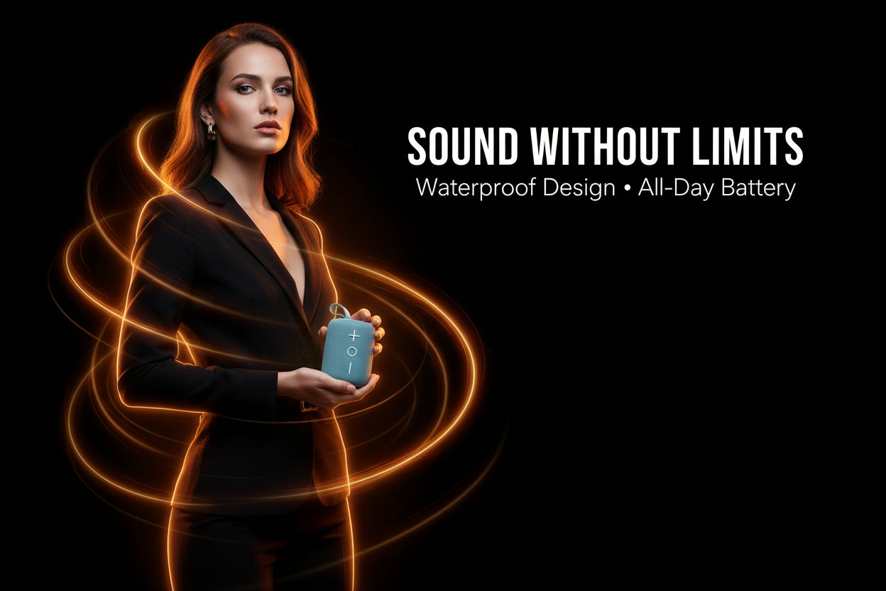 Woman holding a device with glowing lines, 'Sound Without Limits' text on a black background