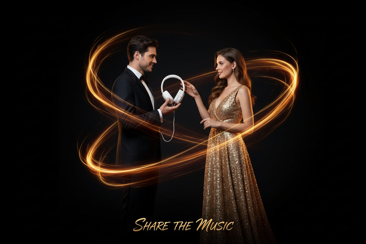 Man and woman with headphones and light effects, 'Share the Music' text on a dark background