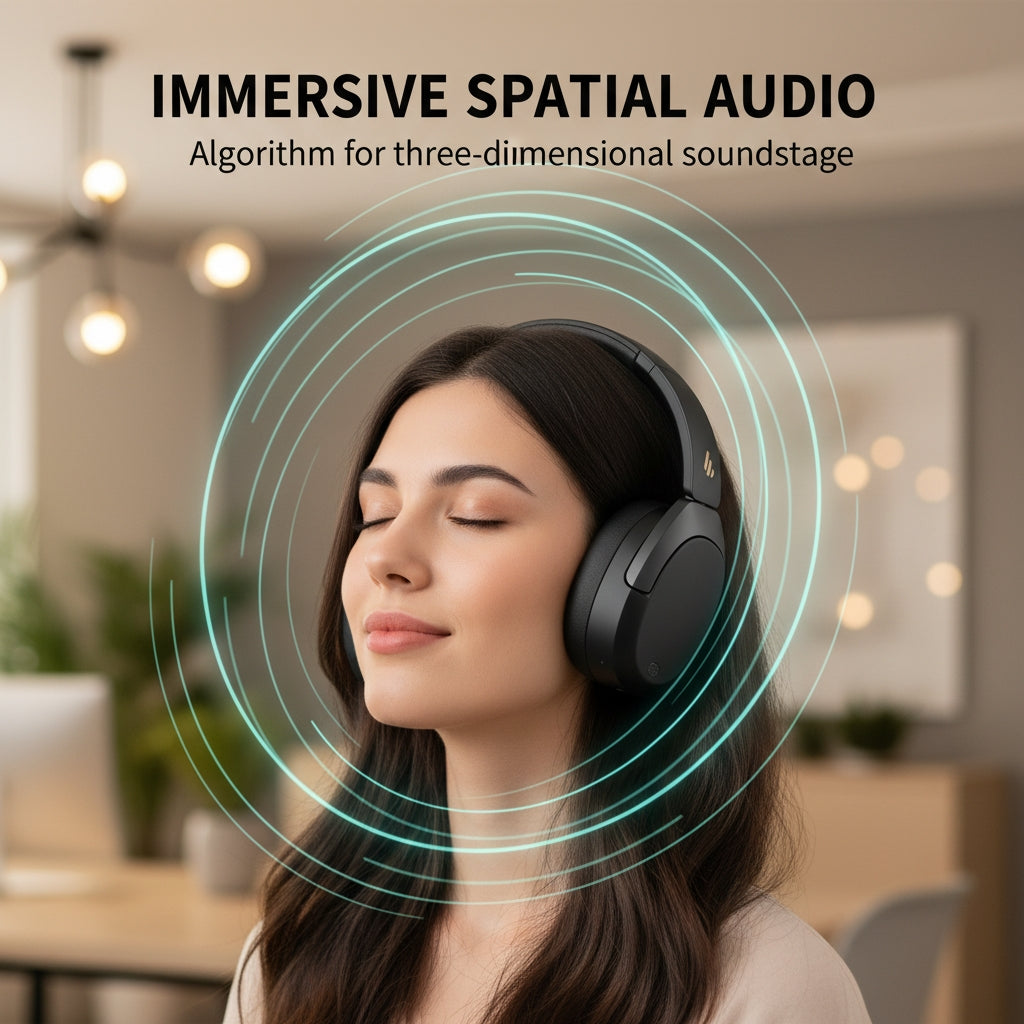Woman wearing headphones with immersive spatial audio technology illustration
