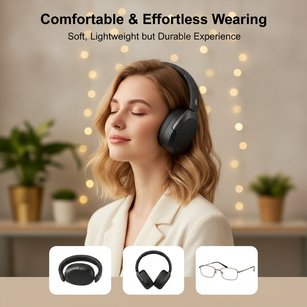 Woman wearing headphones with text about comfort and ease of use, set against a blurred indoor background.