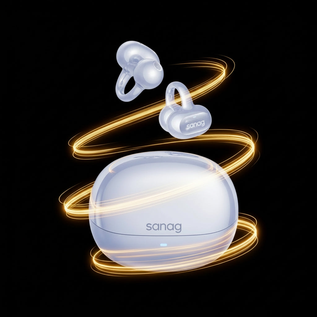 True wireless earbuds with charging case on a black background, featuring the brand 'sanag'.