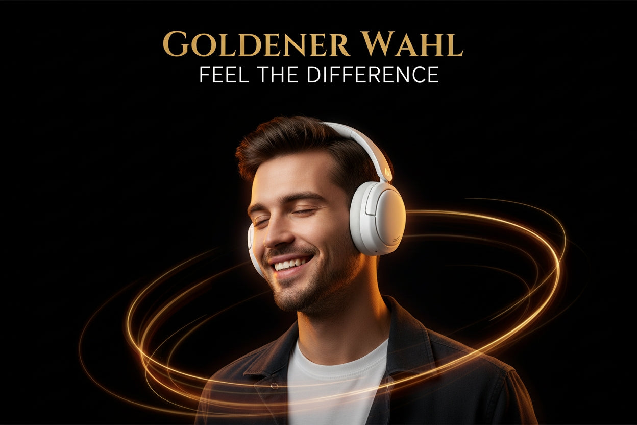 Man wearing white headphones with 'Goldener Wahl' branding and text on a black background