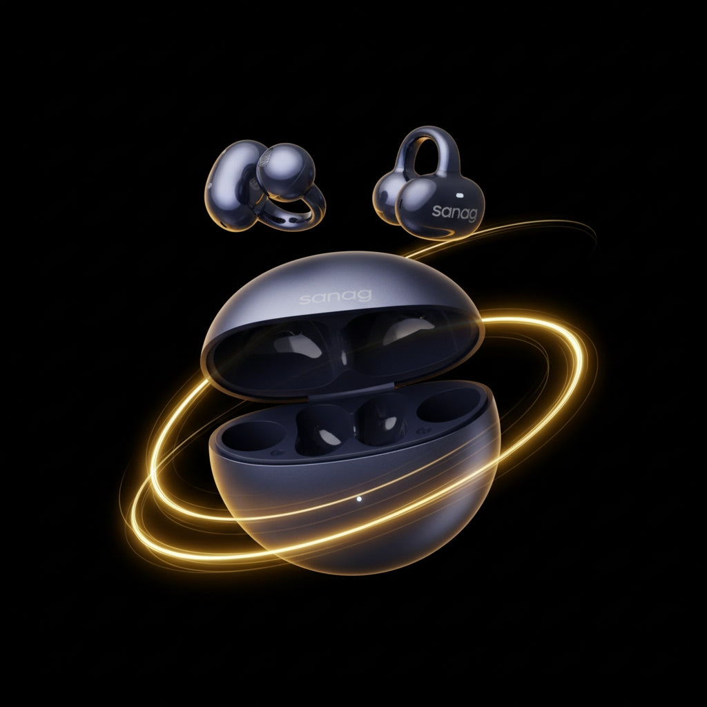 Wireless earbuds with charging case on a black background