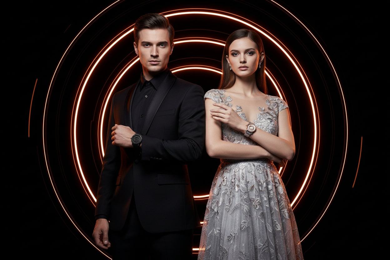 Man in black suit and woman in silver dress standing against a dark background with circular light patterns.