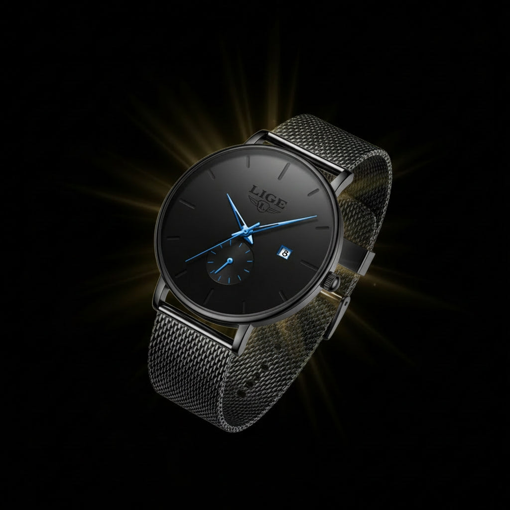 Black wristwatch with mesh band on a dark background, featuring the brand 'LIGE'.