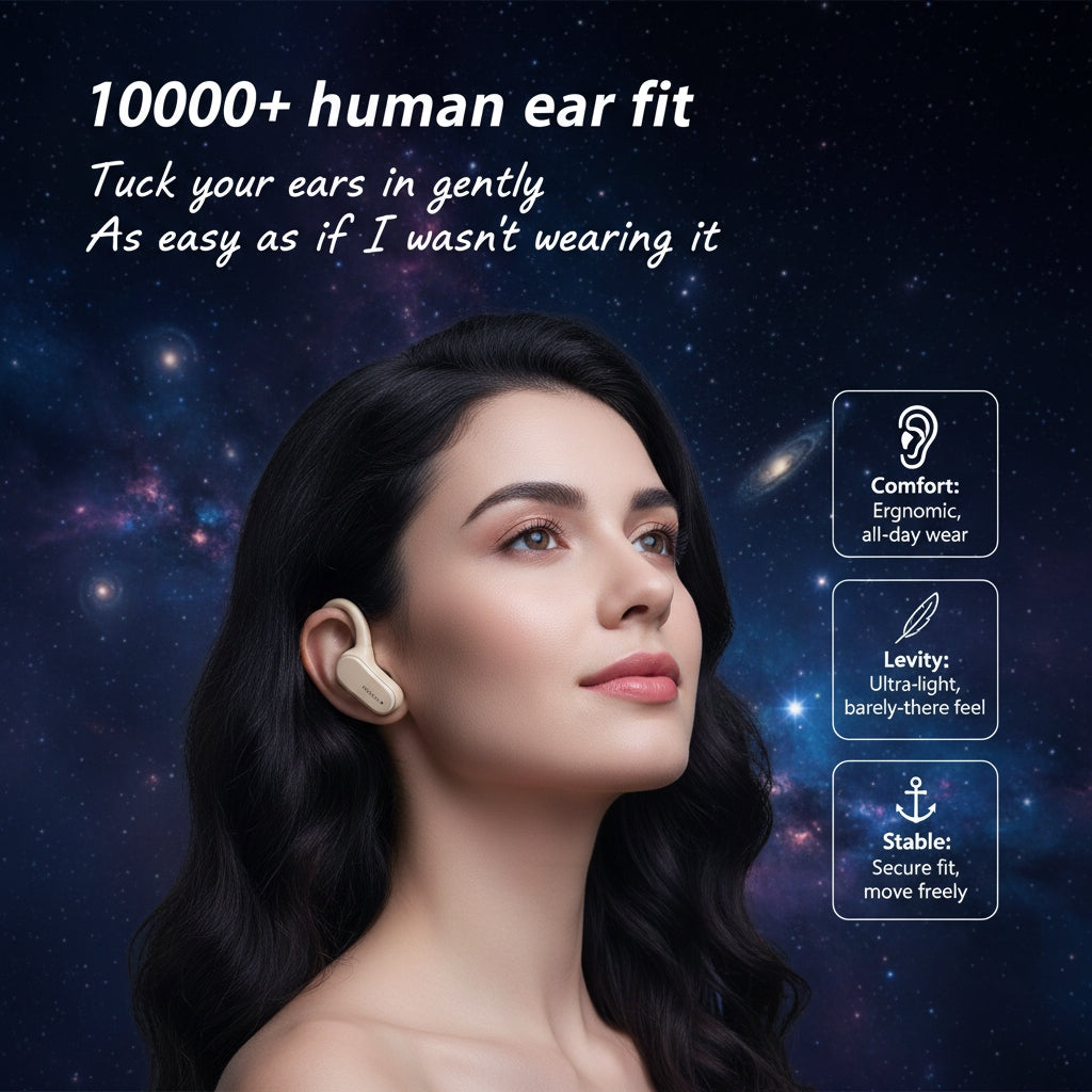 Woman wearing wireless earbuds with a space-themed background and text about ear fit and comfort.