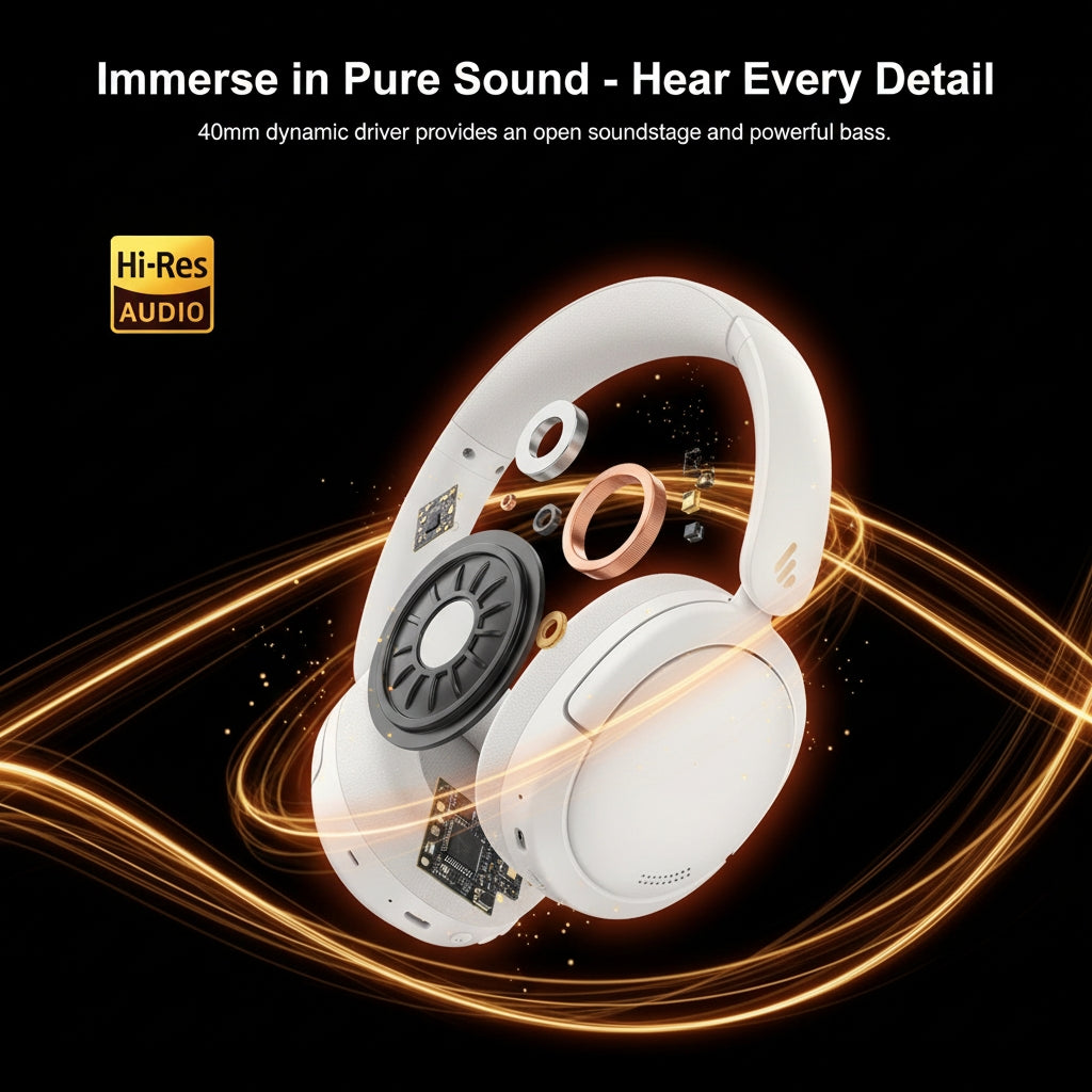 White headphones with technical details on a black background, featuring Hi-Res Audio logo.