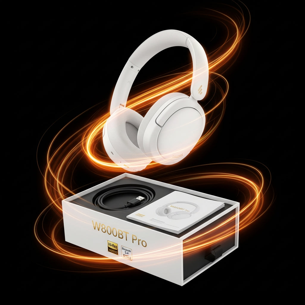 White headphones with glowing effects and a product box labeled W800BT Pro on a black background.