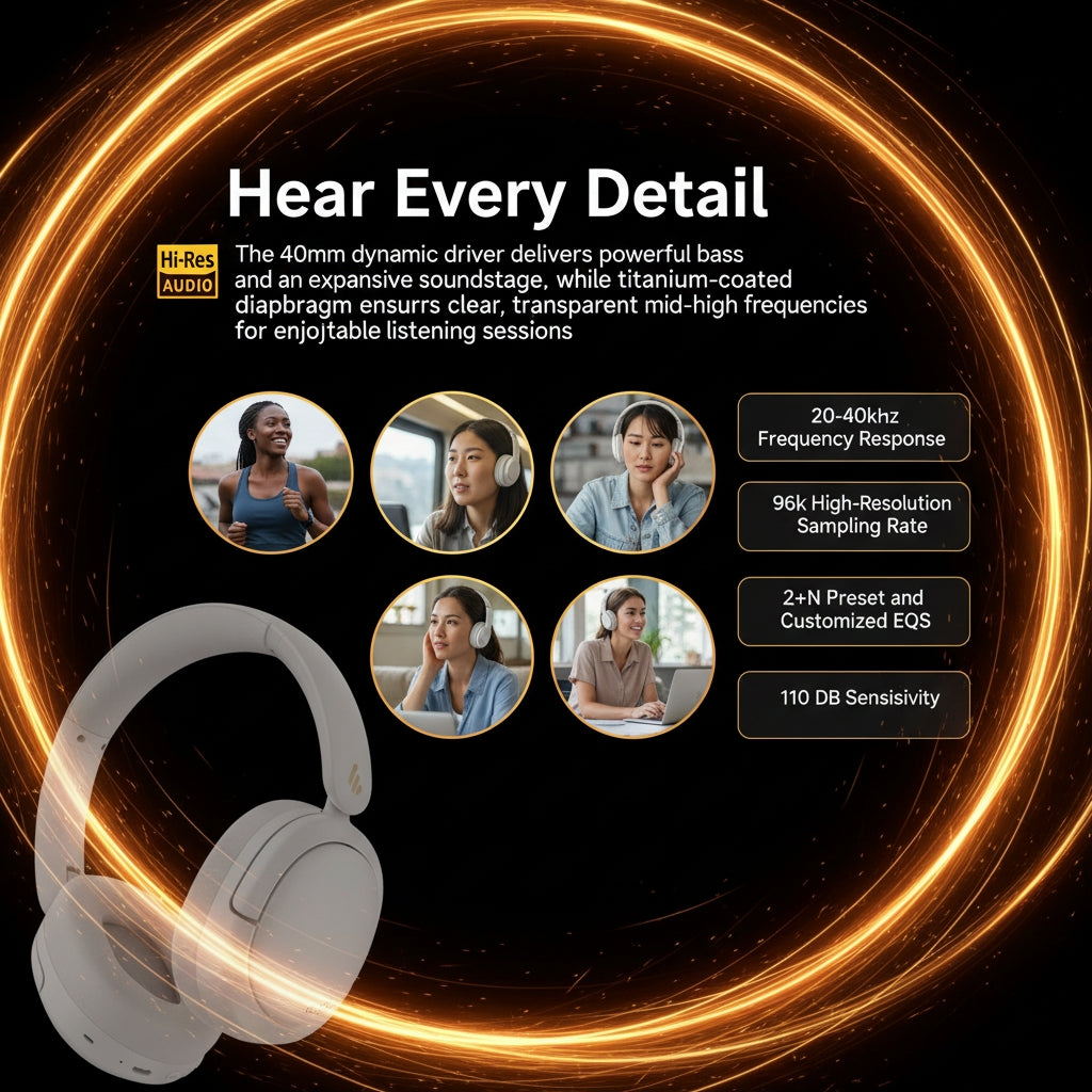 Headphones with text detailing audio specifications on a dark background